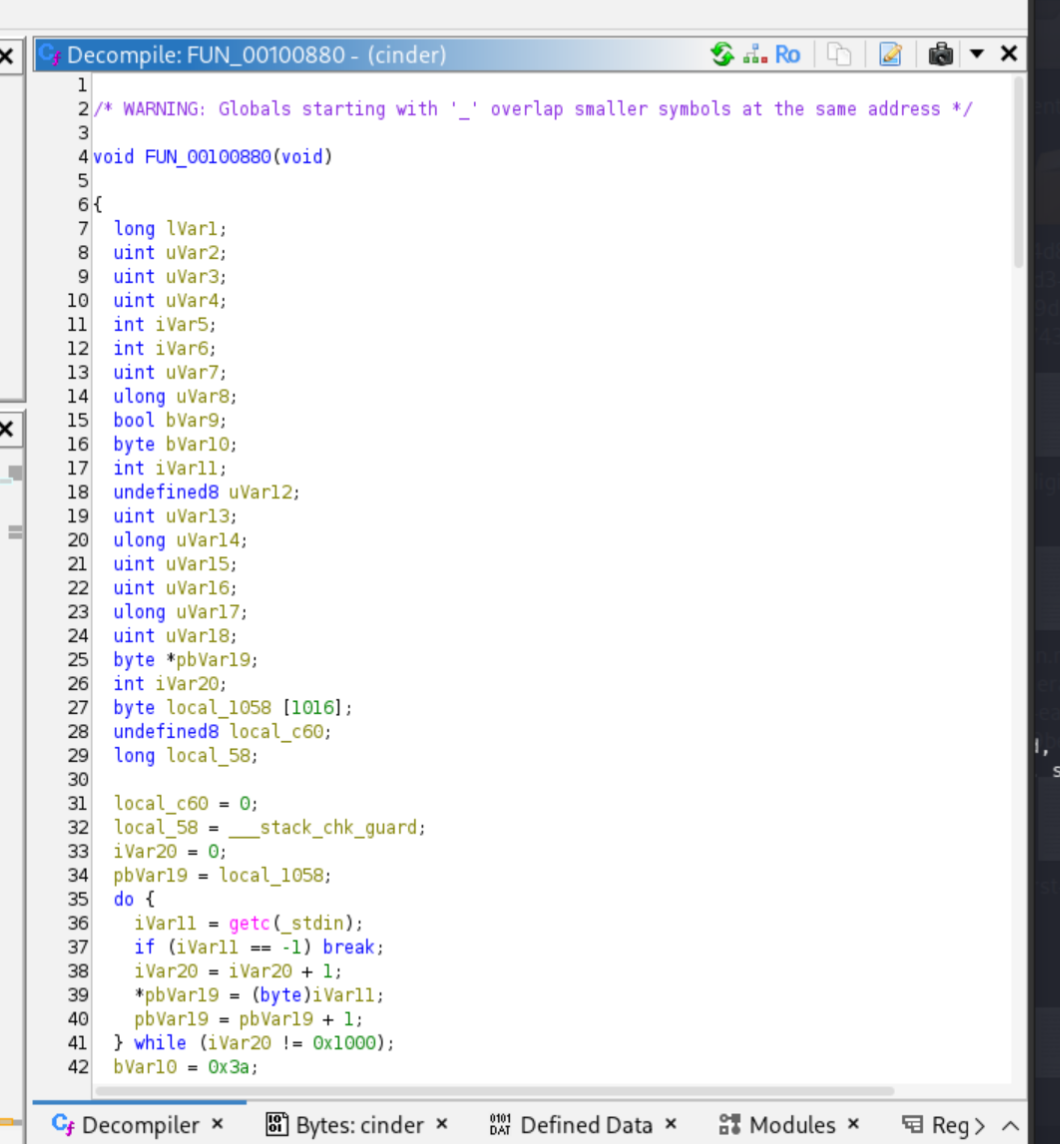 Ghidra decompiler showing VM dispatcher function